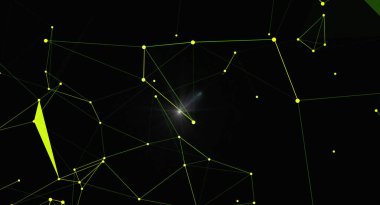 Parlak düğümler ve çizgiler ile soyut ağ bağlantı arkaplanı. Gelecekçi teknoloji konsepti. Karanlık bir arkaplana bağlı noktalar ve geometrik şekillerle dijital veri görselleştirmesi. Bilim, teknoloji ve tasarım projeleri için ideal.