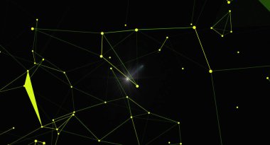 Karanlık arkaplanda soyut ağ bağlantı yapısı. İletişim teknolojisi konsepti. Çokgen şekiller, noktalar ve çizgiler. Fütürist tasarım. Vektör illüstrasyonu.