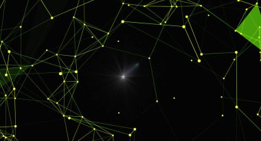 Fütürist ve dinamik bir ağ oluşturmak için birbirine bağlı parlak çizgiler ve noktalardan oluşan bir ağı gösteren soyut bir arkaplan. Tasarım, bilim, teknoloji ve c ile ilgili projeler için mükemmel bir bağlantı, veri akışı ve teknolojik yenilik ortaya koymaktadır.