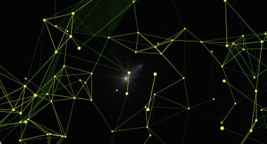 Parlak düğümler ve çizgiler ile soyut ağ bağlantı arkaplanı. Fütürist teknoloji tasarımı. Veri, bilim, dijital iletişim ve yapay zeka kavramı. Geometrik şekilli ve karmaşık yapıya sahip modern grafik duvar kağıdı 