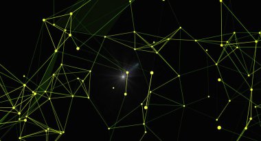 Soyut gelecek ağ bağlantı yapısı. Siyah zemin üzerinde çizgiler ve çokgen şekilli dijital teknoloji kavramı. Arkaplan, duvar kağıdı veya tasarım ögesi olarak kullanılabilir.