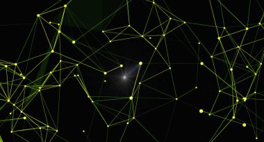 Birbirine bağlı çizgiler ve parlayan düğümlerden oluşan modern bir soyut arkaplan. Siyah arkaplan üzerindeki geometrik desen bir bağlantı, teknoloji ve fütüristik tasarım hissi veriyor. Bilim, teknoloji ya da veri için mükemmel-