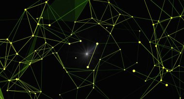 Parlak bir parlaklıkla vurgulanmış, birbirine bağlı çizgi ve noktalardan oluşan bir ağ içeren soyut bir arkaplan. Tasarım teknoloji, iletişim ve dijital bağlantı kavramlarını iletir.