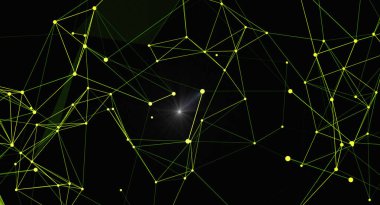 Siyah arkaplanda parlayan soyut ağ bağlantı sistemi. Veri transferi, yapay zeka ve modern teknoloji tasarım elementlerini temsil eder..