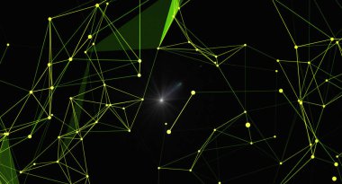Ağ bağlantısı kavramına sahip soyut bir arkaplan. Resim, çizgilerle birbirine bağlanmış parlayan düğümleri, karanlık bir arkaplan üzerinde karmaşık ağ benzeri bir yapı oluşturur. Dijital ağları, teknolojiyi ve bilimsel kavramları temsil etmek için ideal.