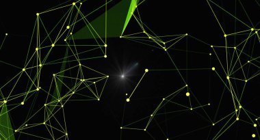 Parlak bağlantıları olan soyut pleksus arkaplan ve yıldız patlaması. Merkezinde parlak bir ışık bulunan bağlı çizgiler ve noktalar ağı, teknoloji, bilim ve dijital bağlantıyı sembolize ediyor.