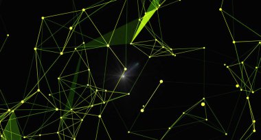 Yeşil çizgileri ve siyah arkaplandaki noktaları birleştiren soyut geometrik ağ arkaplanı. Teknoloji, bilim, dijital iletişim ve modern tasarım kavramlarını temsil eder..