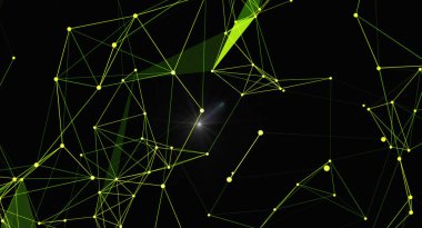 Noktalar ve çizgilere sahip soyut bir ağ arkaplanı modern, teknolojik bir his yaratır. Yeşil ve sarı çizgiler siyah arkaplanda göze çarpıyor. Dijital iletişim ya da veri görselleştirmesi gibi. Yüksek teknoloji ya da balık için ideal.