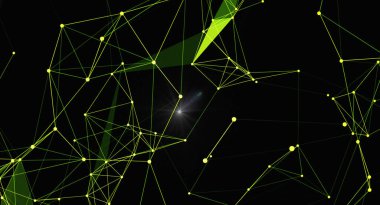 Ağ bağlantı yapısına sahip soyut arkaplan. Parlak düğüm ve çizgilerle dijital veri görselleştirmesi. Gelecekçi çokgen şekil grafik tasarım ögesi.