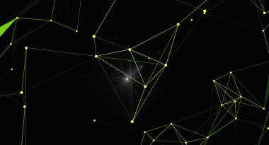 Parlayan yeşil ve sarı pleksus ağının yer aldığı fütürist soyut bir arkaplan. Çizgiler ve noktalar geometrik bir şablona bağlanarak dijital bağlantı ve bilimsel gelişim hissi yaratıyor. Teknoloji, bilim ve modern tasarım için ideal.