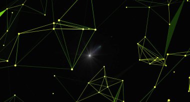 Birbirine bağlanan neon yeşil çizgileri ve noktaları olan soyut ağ arkaplanı. Bu tasarım dijital bağlamlarda bağlantı, teknoloji ve modern iletişim sistemleri için idealdir..