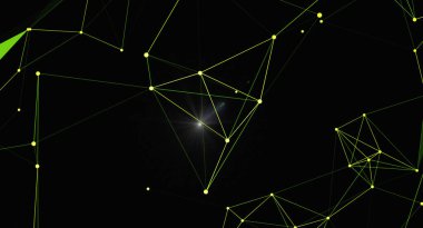 Ağ bağlantısı yapısına sahip soyut pleksus arkaplanı. Dijital veri görselleştirme ve fütüristik teknoloji tasarımı. Karanlık bir arka planda parlayan düğümler ve çizgiler. Vektör illüstrasyonu.