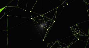 Soyut ağ bağlantısı arkaplanı. Siyah zemin üzerinde noktaları ve çizgileri birleştiren dijital fütüristik yapı. Teknoloji, bilim, iletişim ve modern tasarım kavramlarını temsil eder..