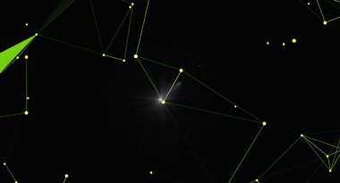 Siyah arka planda yeşil çizgiler ve düğümlerle teknolojik bir bağlantı içeren soyut bir arkaplan. Modern ve yaratıcı tasarımlar için uygun, fütüristik bilim, dijital ağlar ve veri iletişimini çağrıştırıyor..