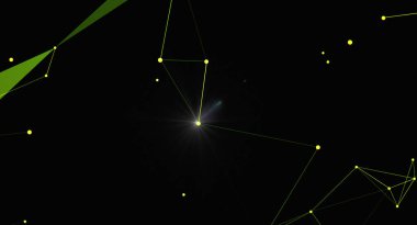 Karanlık bir arkaplanda birbirine bağlı noktalar ve çizgiler içeren soyut bir tasarım. Teknoloji, bilim projeleri veya sunumlar için arka plan olarak kullanmak için ideal.