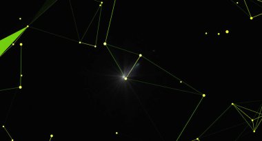 Parlak düğümler ve bağlantı hatlarıyla soyut ağ arkaplanı. Fütürist teknoloji tasarımı. Veri iletişimi ve yapay zeka kavramı. Siyah bir arkaplanda yeşil çizgiler ve düğümler modern ve dijital bir his yaratır.