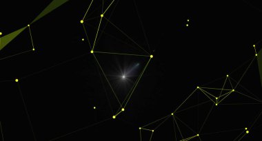 Bağlı nokta ve çizgilerle soyut geometrik ağ arkaplanı. Parlak merkezi işaret fişeği bağlantıları vurguluyor, karanlık bir zemin üzerinde fütüristik teknoloji ve dijital iletişim hissi yaratıyor.