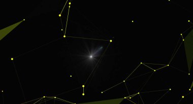 Siyah arkaplanda parlayan sarı bağlantıları olan dijital soyut bir ağ. Görüntü, fütüristik teknoloji, veri iletişimi ve bilimsel yenilik duygusunu çağrıştırıyor. Yapay zeka gibi kavramları temsil etmek için uygundur., 