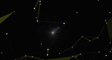 Bir ağa bağlanan altın noktalar ve çizgiler ile soyut pleksus arkaplanı. Tasarım, siber uzayda veri veya iletişimi sembolize eden, parlak bir merkezi olan geleceksel, teknolojik bir hissi çağrıştırıyor..