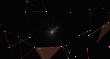 Bir ağ bağlantısını temsil eden çizgilerle birbirine bağlı parlak düğümlerle soyut koyu arkaplan. Fütüristik tasarım teknoloji, veri ve dijital iletişimi çağrıştırıyor. Birbirine bağlı yapılar karmaşık bir sistem, yenilik öneriyor,