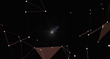 Karanlık bir arka planda parlayan çizgiler ve düğümlerden oluşan soyut bir geometrik ağ. Merkezde parlak bir yıldız gibi parlayan ışık, veri bağlantılarını ve yenilikleri temsil eden, geleceksel ve teknolojik bir his yaratıyor..