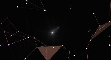 Parlayan ışık kaynağına sahip soyut ağ bağlantısı arkaplanı. Birbirine bağlı noktalar ve çizgiler olan çokgen bir yapı. Verileri, teknolojiyi, iletişimi, bilimi veya yapay zeka kavramlarını temsil eder.