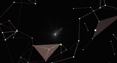 Noktaları ve çizgileri birleştiren soyut teknoloji arka planı. Merkezde parlak bir ışık kaynağı var. Ağ bağlantısı, bilim ve teknolojinin kavramsal illüstrasyonu. Gelecek tasarım ögesi.