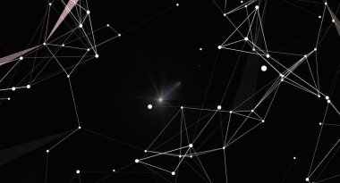 Dijital ağ bağlantısına sahip fütüristik soyut bir arkaplan. Beyaz çizgiler ve noktalar, parlak merkezi bir yıldızın aydınlattığı siyah bir zemin üzerinde geometrik bir yapı oluşturur. Teknoloji, bilim veya modern tasarım projeleri için mükemmel..