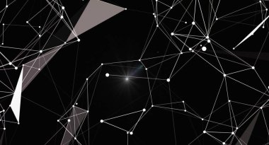 Siyah bir zemin üzerinde noktaları ve çizgileri birleştiren soyut bir ağ arkaplanı. Teknoloji, bilim ya da iletişim kavramlarını resmetmek için idealdir. Modern geometrik tasarım fütüristik ve dijital bir his sağlıyor. Sunumlar için harika.