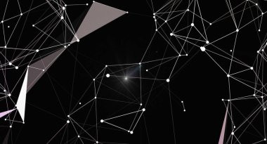 Karanlık bir arkaplanda birbirine bağlı çizgiler ve noktalardan oluşan soyut bir arkaplan. Bu tasarım, çeşitli yaratıcı projeler için uygun teknoloji, iletişim ve dijital bağlantı temalarını çağrıştırır..