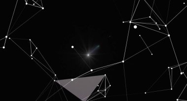 Ağ bağlantısını temsil eden beyaz çizgiler ve noktalarla soyut siyah arkaplan. Bu resim dijital teknolojiyi, iletişimi, veri bağlantılarını ve modern bilim kavramlarını gösteriyor. Teknoloji web siteleri veya sunumlar için mükemmel.