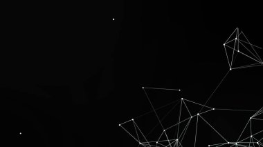 Beyaz çizgilerden oluşan bir ağ ve siyah bir arkaplana karşı noktalar içeren minimalist soyut bir illüstrasyon. Tasarım dijital bağlantı ve modern teknolojik arayüzü gösteriyor. Teknolojiyle ilgili projeler için mükemmel bir zemin.