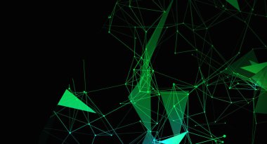 Noktaları birleştiren ve siyah arkaplana karşı üçgenler oluşturan yeşil çizgilerden oluşan dinamik soyut bir arkaplan. Tasarım, bir teknoloji ve birbirine bağlılığı çağrıştırıyor..