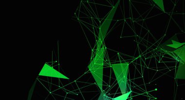Bu resim yeşil çizgilerden oluşan soyut bir ağı ve siyah arkaplanda geometrik bir pleksi oluşturan noktaları gösteriyor. Bağlantılar üçgen ve geleceksel, dijital bir his oluşturuyor..