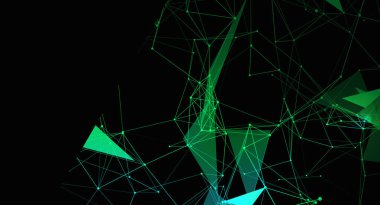 Bu resim soyut bir dijital ağ tasarımını gösterir. Çağdaş ve fütüristik bir görsel yaratarak, koyu siyah arkaplana karşı yeşil ve mavi birbirine bağlı çizgiler ve çokgenler içerir. Tasarım, bağlantı, teknoloji kavramlarını anımsatıyor. 