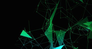 Bu soyut resim, siyah bir arkaplana karşı yeşil çizgilerden ve üçgenlerden oluşan geometrik bir ağ içerir. Tasarım, çeşitli modern ve gelecekçi uygulamalar için uygun bir dijital bağlantı ve teknoloji duygusunu çağrıştırıyor. Karmaşık yapı a