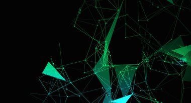 Noktaları birleştiren yeşil çizgileri olan soyut geometrik bir ağ, siyah bir arkaplan üzerinde üçgenler ve diğer şekiller oluşturuyor. Bu tasarım, dijital bağlantıları ve karmaşık sistemleri akla getiren geleceksel bir tasarım gibi görünüyor..