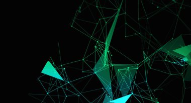 Bu yeşil geometrik ağın soyut bir görüntüsü. Birbirine bağlı çizgiler, üçgenler ve noktalar ile siyah bir zemin oluşturur. Bu tasarımın fütüristik ve modern bir görünüşü var..