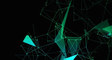 Siyahi bir yüzeye karşı dizilmiş geometrik bir ağ, birbirine bağlı çizgiler ve yeşil şekiller içeren soyut bir arkaplan, gelecekten ve teknolojiden esinlenilmiş estetik bir yapı yaratıyor..