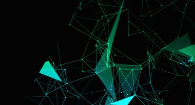 Siyah arkaplandaki yeşil çizgiler ve noktalardan oluşan soyut bir ağ. Bu, grafik kaynağı veya arkaplan olarak kullanıma uygun, teknolojik bir ağın modern, dijital bir illüstrasyonudur..