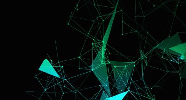 Bu soyut görüntü, teknolojiyi, veriyi ve dijital bağlantıyı temsil eden, yeşil çizgileri ve şekilleri olan bir geometrik ağ içerir. Web tasarımı, sunumlar ve bilimsel p gibi çeşitli amaçlar için kullanılabilir.