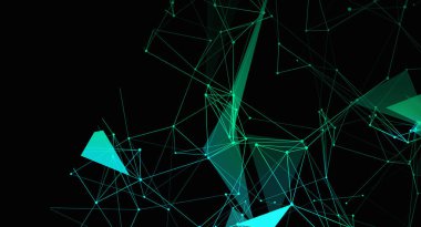Bu soyut resim siyah bir arkaplan karşısında birbirine bağlı çizgilerden oluşan geometrik bir ağı ve yeşil tonlardaki düğümleri gösterir. Teknoloji, veri ve geleceksel tasarım kavramlarını çağrıştırıyor..