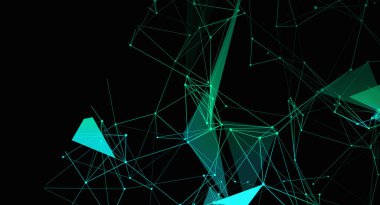 Bağlı yeşil ve mavi çizgilerden oluşan soyut bir ağ ve noktalar siyah bir arkaplan üzerinde görüntülenir. Çizgiler geometrik şekiller oluşturur, modern ve geleceksel bir tasarım yaratır..