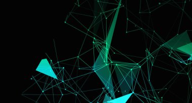 Birbirine bağlı çizgilere ve mavi-yeşil tonlarda geometrik şekillere sahip soyut bir grafik. Kompozisyon bir ağ ya da dijital yapı öneriyor.