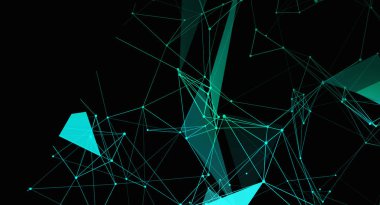 Siyah arkaplan üzerinde soyut bağlantılı bir ağ, turkuaz çizgiler, noktalar ve şeffaf çokgenler içerir. Tasarım dijital teknoloji, bağlantı ve fütüristik kavramları çağrıştırıyor..