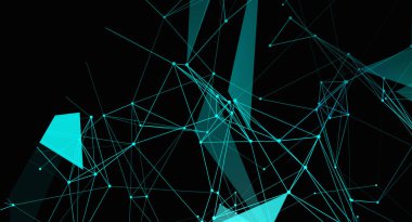 Bu soyut resim siyah bir arkaplan üzerinde birbirine bağlı deniz mavisi çizgileri ve düğümlerden oluşan bir ağ içerir. Geometrik tasarım modern ve geleceksel bir his yaratıyor, bağlantılar, teknoloji ve veri akışı öneriyor..