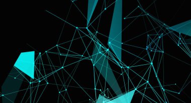 Siyah bir zemin üzerinde parlayan deniz mavisi çizgileri ve şekilleri olan soyut bir dijital ağ. Bu resim gelecekten esinlenilmiş, teknolojik ve dinamik bir etki yaratarak, birbirine bağlılığı ve karmaşıklığı vurguluyor..