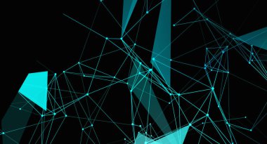 Siyah bir arkaplan karşısında geometrik şekiller oluşturan cyan çizgileri ve noktalardan oluşan soyut bir arkaplan. Tasarımın modern, dijital bir havası var, bağlantılar ve teknoloji öneriyor..