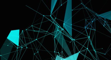 Bu soyut resim, parlayan mavi çizgiler ve çeşitli geometrik şekillerle siyah bir arkaplan üzerinde dijital ağ bağlantısı içerir. Tasarım, modern teknoloji ve bağlantıyı çağrıştırıyor..