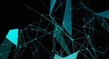 Mavi çizgilerden ve siyah arkaplana bağlı noktalardan oluşan karmaşık bir soyut ağ. Görüntü geometrik şekilleri ve dijital bağlantıları gösteriyor, teknoloji ve veri yapısını öneriyor.